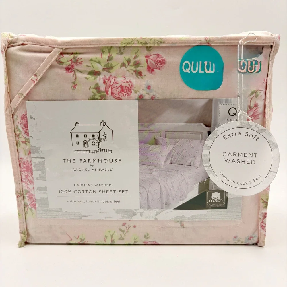 The Farmhouse by Rachel Ashwell Queen Cotton Sheet Set Pink Floral Cabbage Rose